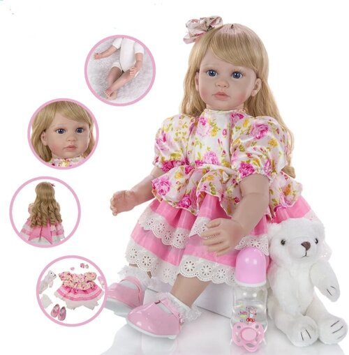Кукла реборн NPK Doll 60 см. Кукла младенец мягконабивная в нарядном платье с игрушкой.