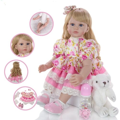Кукла реборн NPK Doll 60 см. Кукла младенец мягконабивная в нарядном платье с игрушкой. кукла реборн мягконабивная 50 см кукла младенец reborn в нарядном платье