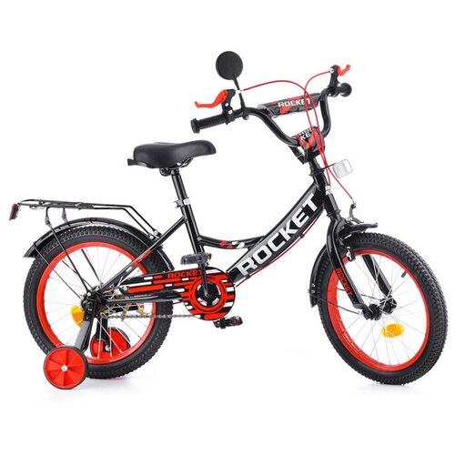 Велосипед детский 2-х колесный 16 С боковыми тренировочными колесамибагажником зеркалом на рост ребенка 100-125 см 5-6 лет ROCKET цвет черный модель 2023 года R0107 690500₽
