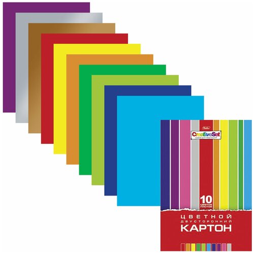 Картон цветной А4 2-сторонний мелованный, 10 листов 10 цветов, папка, HATBER, 195х280 мм, Creative, 10Кц4 05934, N138007, (10 шт.)