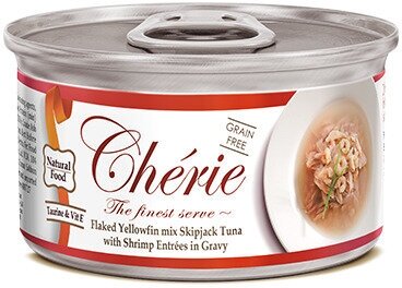 Влажный корм для кошек Pettric Cherie Signature Gravy, смесь желтоперого и полосатого тунца с креветками в подливе, 80 г