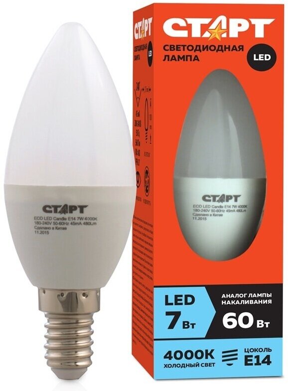 Лампа светодиодная Старт LED, серия ЭКО 7W40, тип С свеча, E14, 4000К, холодный свет, 15000 ч