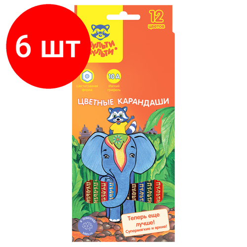 Комплект 6 шт, Карандаши цветные Мульти-Пульти Енот в Индии, 12цв, заточен, картон, европодвес