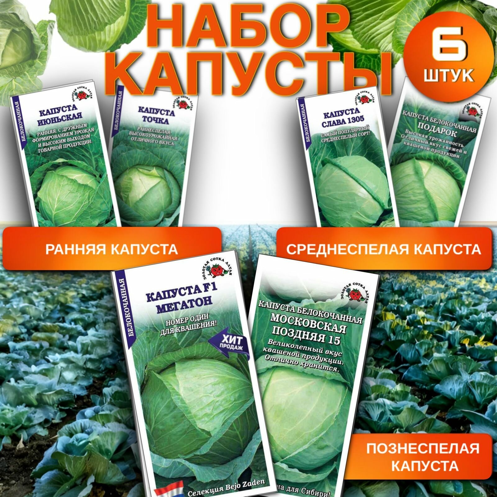 Семена капусты Мегатон и др. в наборе 6 шт.(Золотая сотка Алтая)