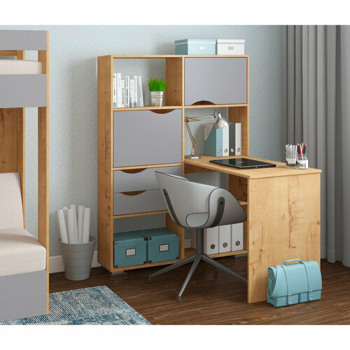 Письменный стол угловой Есэндвич Лаворо, 110x110х150 см, левый, Дуб бунратти/Вулканический серый