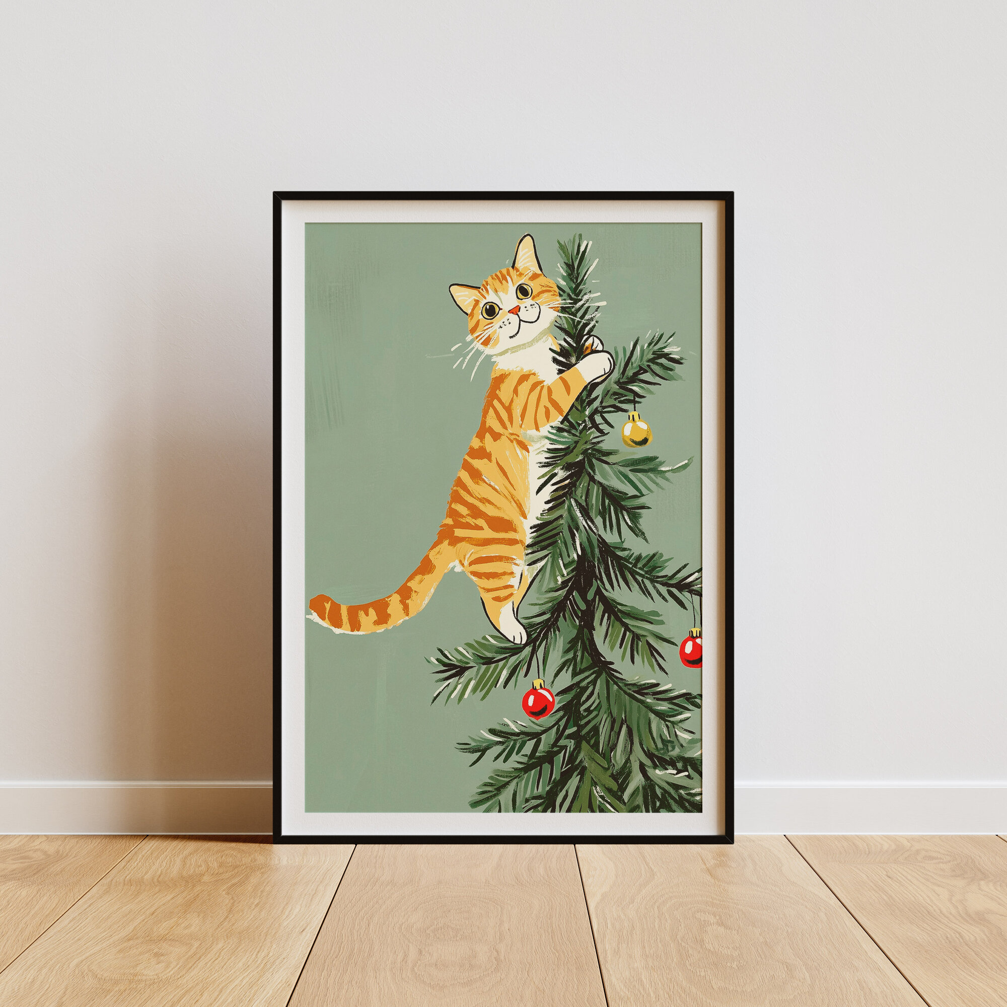 MISHKA POSTER Постер для интерьера "Котик на ёлке", А4 / Новогодний подарок — фото 1
