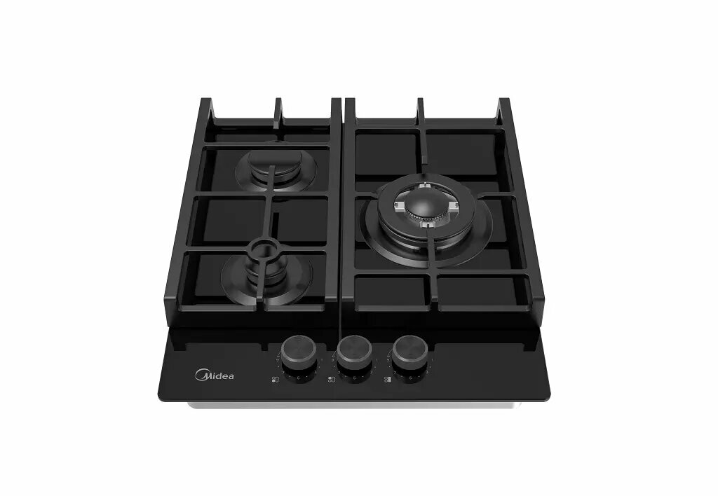 Варочная панель Midea MG449TGB, газовая, чугунные решетки, 3 конфорки, газ контроль, чёрная