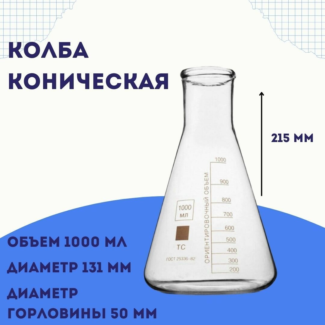 Колба коническая КН-2-1000-50 со шкалой объем 1000 мл