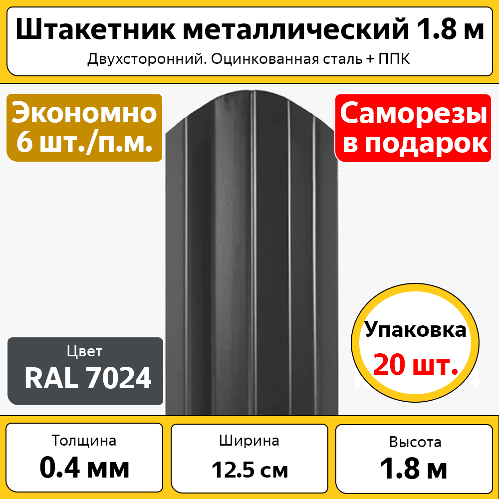 Штакетник металлический (евроштакетник) полукруглый (20 шт.) / высота 1.8 м / ширина 125 см / 0.4 мм / серый / оцинкованный