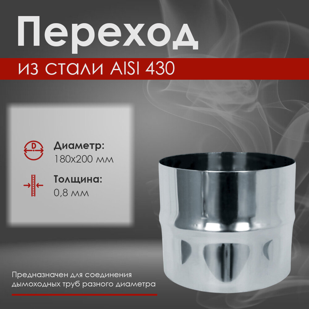 Переход из нержавеющей стали для дымохода  AISI 430 0 8мм  д 180х200 L 100