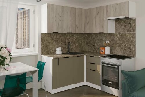 Изображение товара Кухонный гарнитур Герда Альба мега прайм 1600х1700 мм, каркас ЛДСП, фасад ЛДСП, Белый/Дуб браун/Мокко