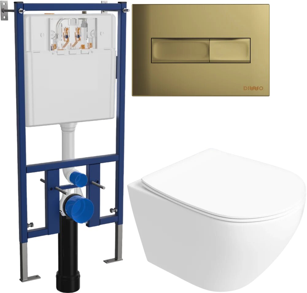 Комплект 6 в 1: Инсталляция DIWO 4501 / Унитаз подвесной Кронборг S28401WH безободковый / Сиденье с микролифтом Кнопка 7325 золотая Комплект шумоизоляции креплений