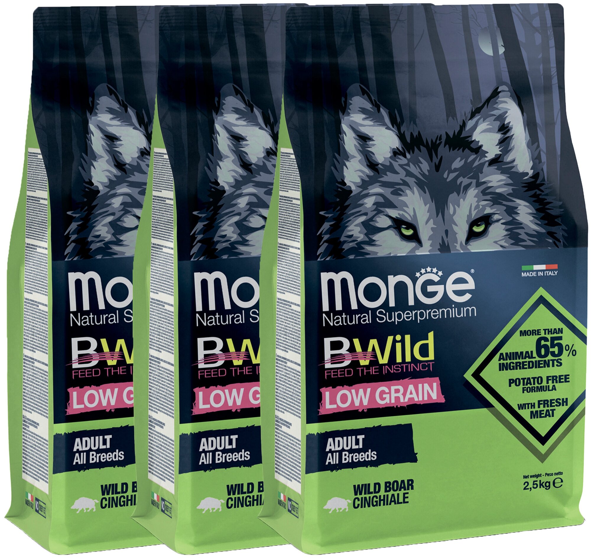 Сухой корм для собак Monge BWILD Feed the Instinct Low Grain, дикий кабан 3 шт. х 2.5 кг