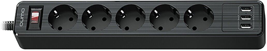 Сетевой фильтр QUMO Power Bar 5SP4U (P-0005), 5 розеток, 3xUSB, 2500 Вт, 10А, 2м Черный 42090