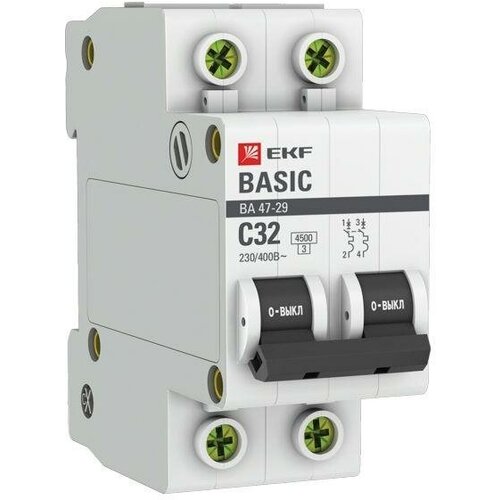 Mcb4729-2-32C Автоматический выключатель EKF 47-29 Basic 32А 2п 4.5кА, C