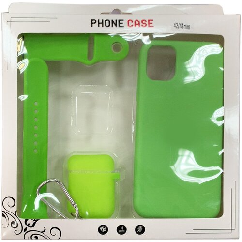 Набор Apple 3 в 1 (Silicone Case Iphone 11 ,11 PRO+ Чехол Airpods + Ремешок для Apple Watch 42/44mm), салатовый case for airpods 3 luminous protective sleeve for apple airpods 1 2 wireless bluetooth earphone box fluorescent silicone cover