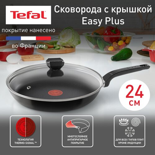 Сковорода с крышкой Tefal Easy Plus 04206924, диаметр 24 см, с индикатором температуры, с антипригарным покрытием, для газовых, электрических плит