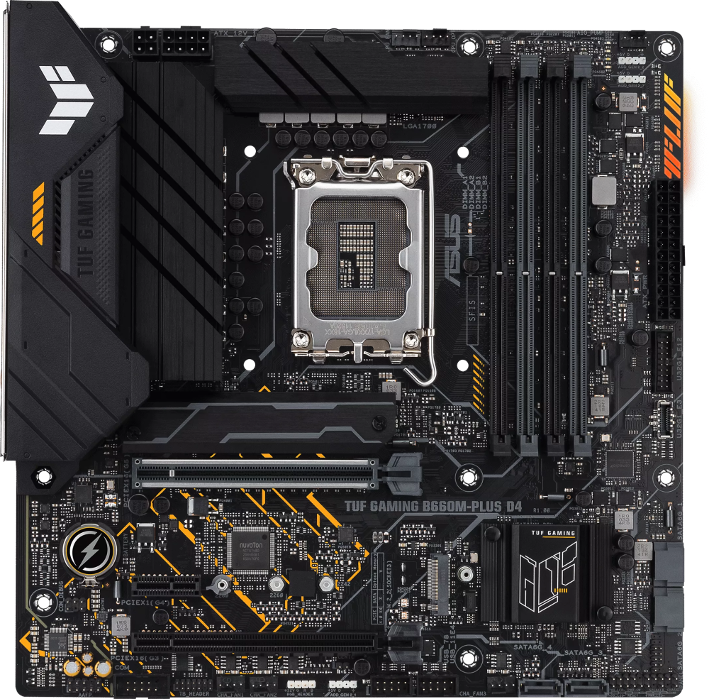 Материнская плата ASUS TUF GAMING B660M-PLUS D4 Socket 1700, Intel B660, 4xDDR4, PCI-E 5.0, 2500 Мбит/с, USB 3.2 Gen1, 4xUSB 3.2 Gen2, USB 3.2 Gen2x2 Type-C, HDMI, DisplayPort, подсветка, mATX