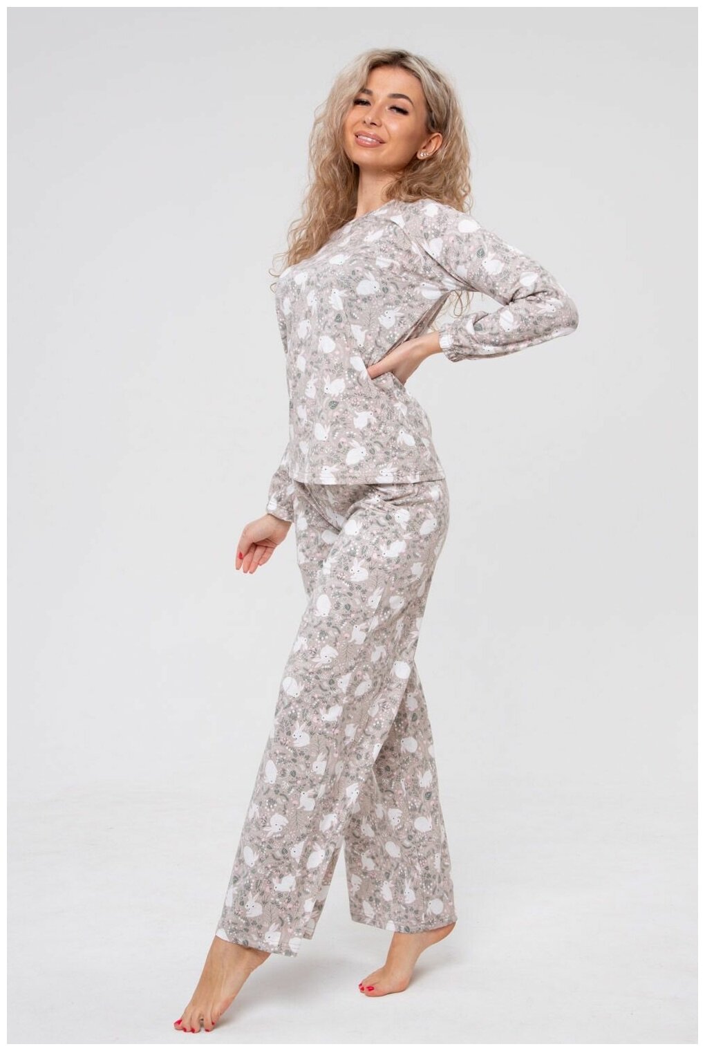 Пижама Dianida, брюки, длинный рукав, трикотажная, размер 56, бежевый - фотография № 4