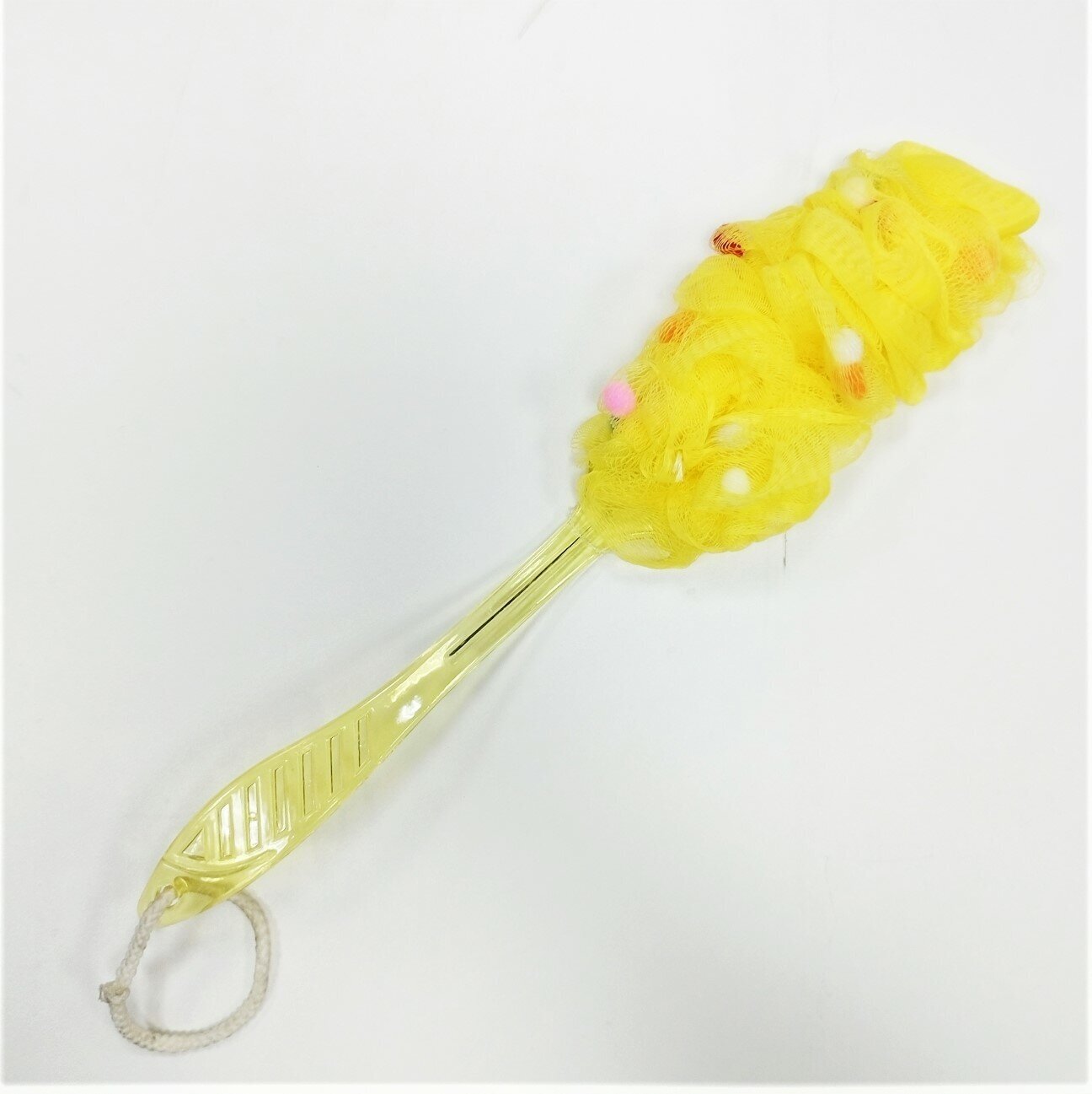 Мочалка для душа, на длинной ручке с цветными шариками желтый