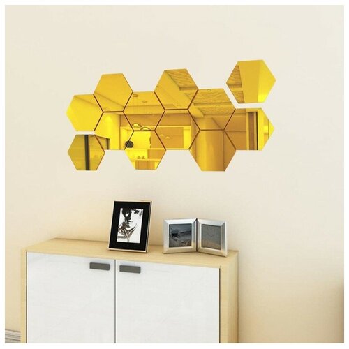 фото Декор настенный "соты", зеркальный, 12 элементов, плитка 16 х 18 см, золото no brand