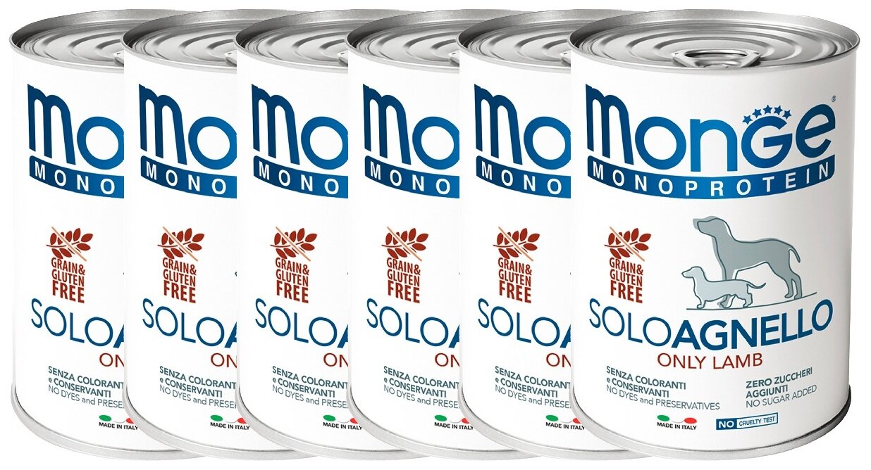 Влажный корм для собак Monge Monoprotein SOLO AGNELLO, беззерновой, ягненок, 6 шт. х 400 г