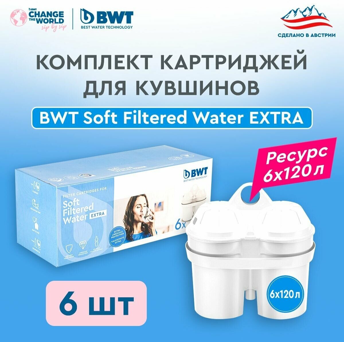 Картридж для кувшинов BWT Soft Filtered Water Extra Для смягчения воды - двойная защита от накипи, 6 шт. для кувшинов BWT PENGUIN/ BWT VIDA/БВТ