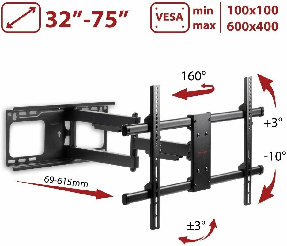 Кронштейн для телевизора Arm Media PARAMOUNT-60 черный 32"-75" макс.60кг настенный поворот и наклон