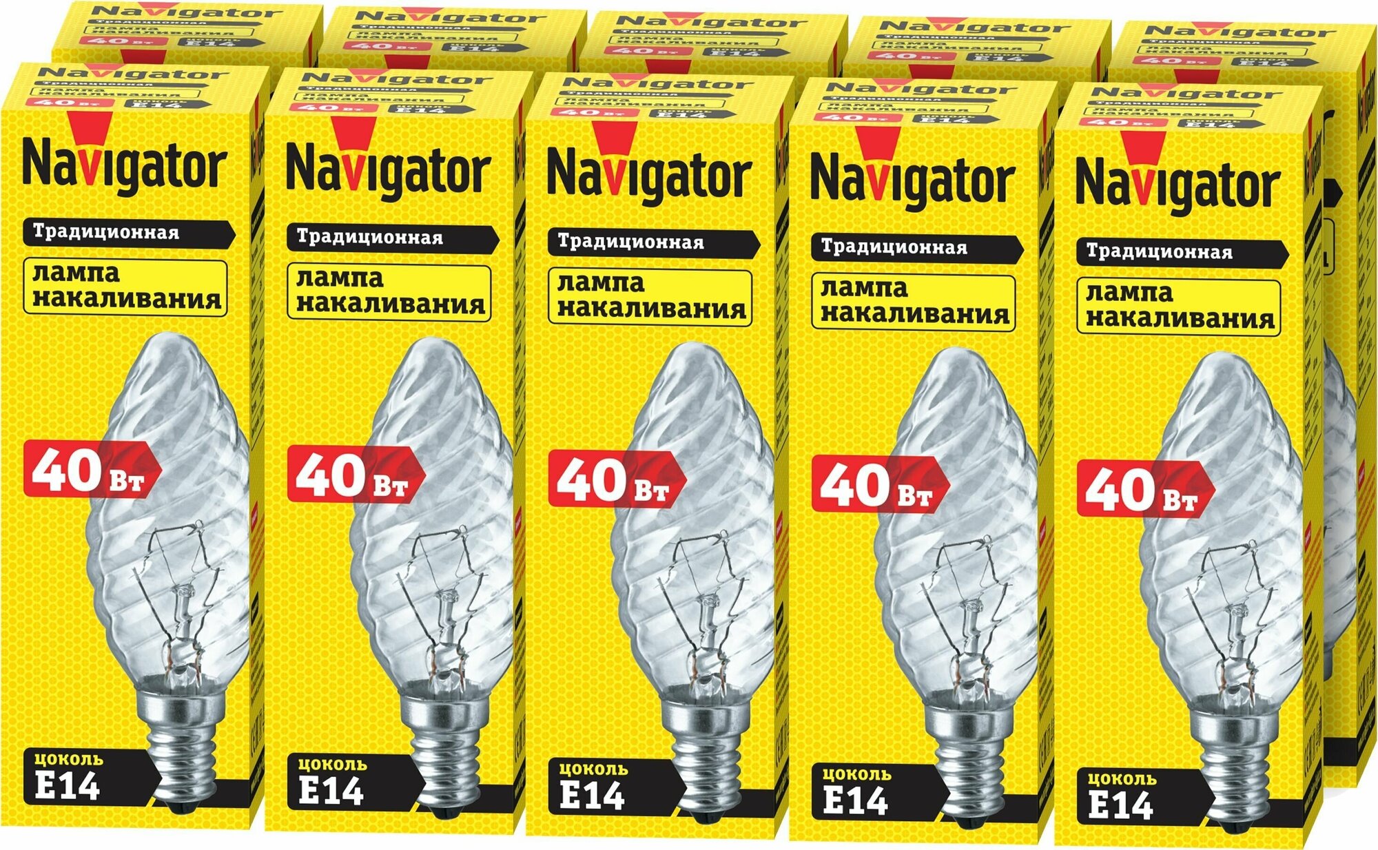 Лампа накаливания Navigator 94 332 NI-TC, витая свеча, 40 Вт, Е14, упаковка 10 шт.