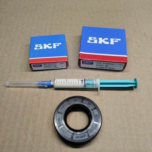 комплект фирменных подшипников skf 6203 6204 сальник 30x52x8 5 10 5 смазка ремкомплект подходит для стиральных машин атлант indesit Ремкомплект бака стиральных машин Beko, LG, подшипник SKF France 6203 2Z+ 6204 2Z+ сальник бака 25*50*10 NQK + смазка для сальника в шприце 2мл