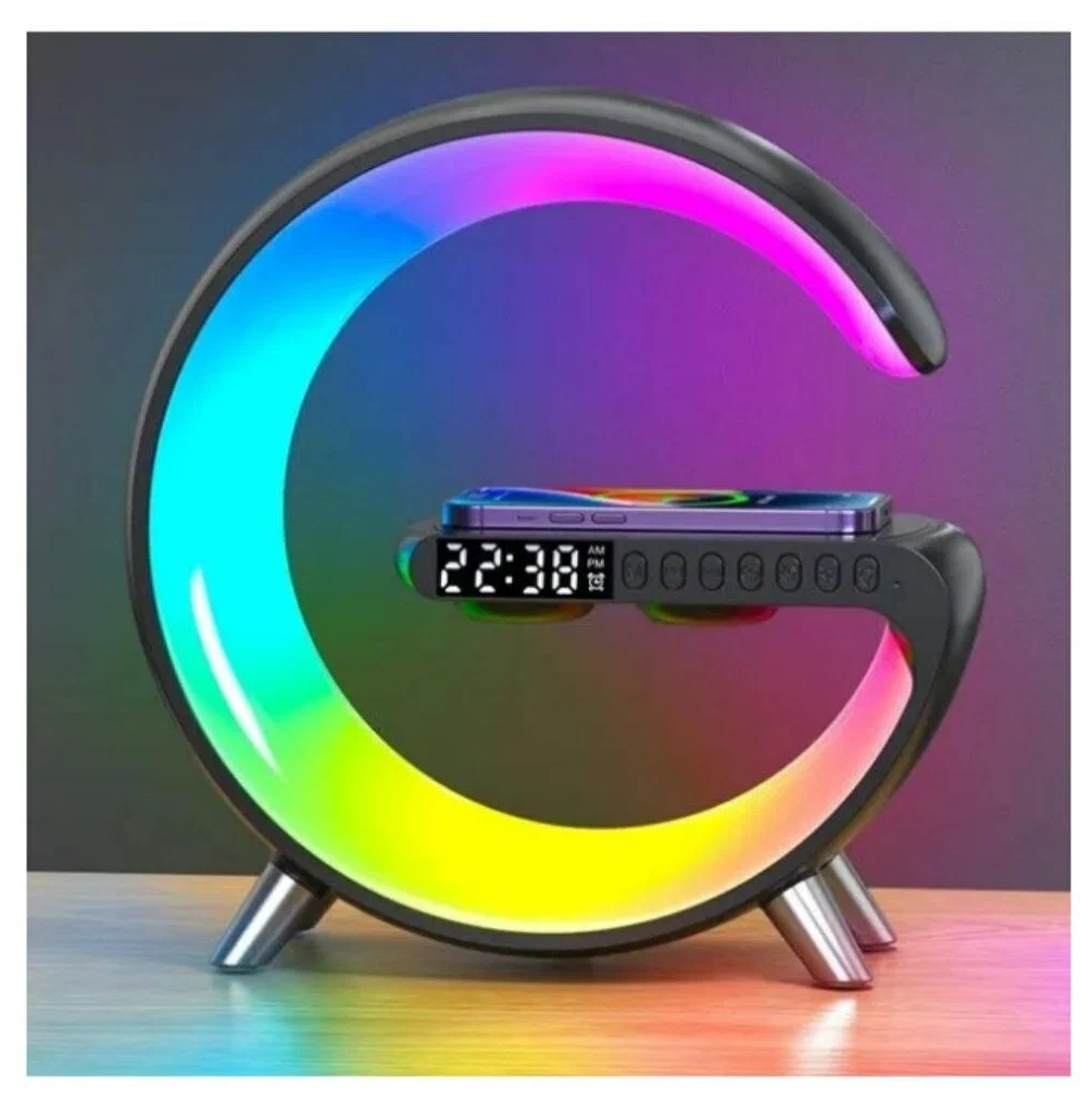 Стильный RGB Ночник Linnhill с беспроводной зарядкой 15W, часами, будильником и Bluetooth колонкой - фотография № 1