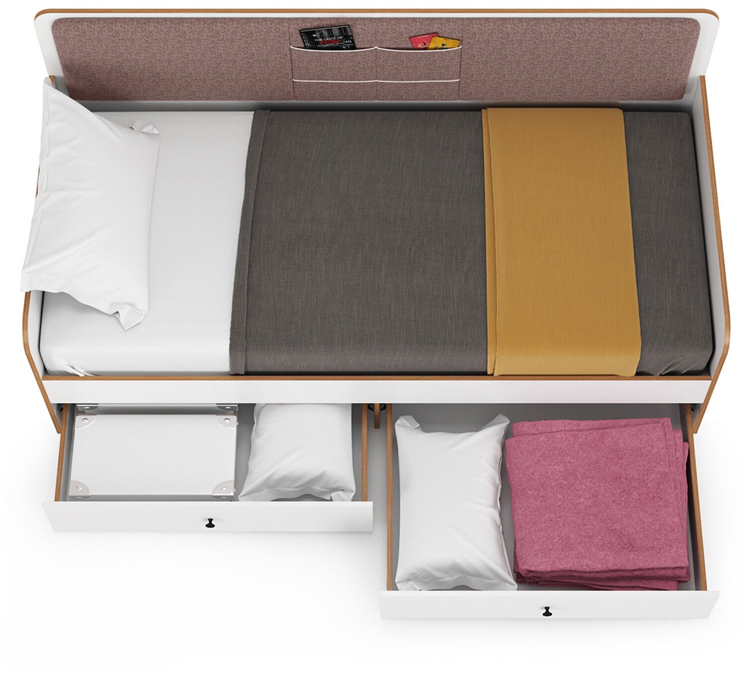 Детская кровать с ящиками Вуди 11.02, цвет белый премиум/дуб крафт золотой/саванна латте, ШхГхВ 209,2х94,4х96,5 см.