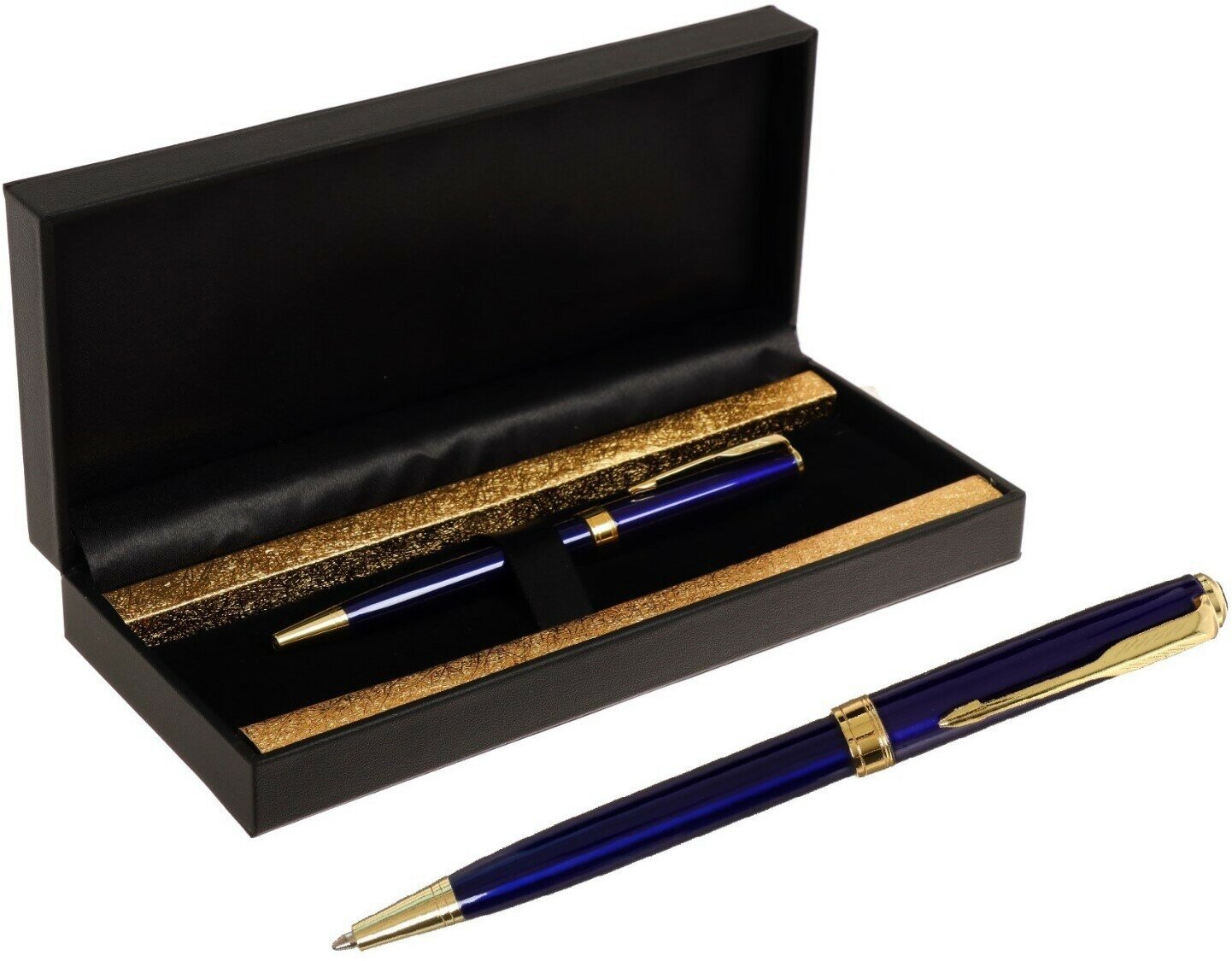 Ручка подарочная шариковая, в кожзам футляре ПБ S, поворотная, корпус синий с золотом