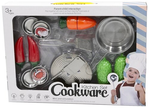 Набор игрушечной посуды из нержавеющей стали (металла) Cookware. Металлическая игрушечная посуда. Набор кухонных принадлежностей детский / детская