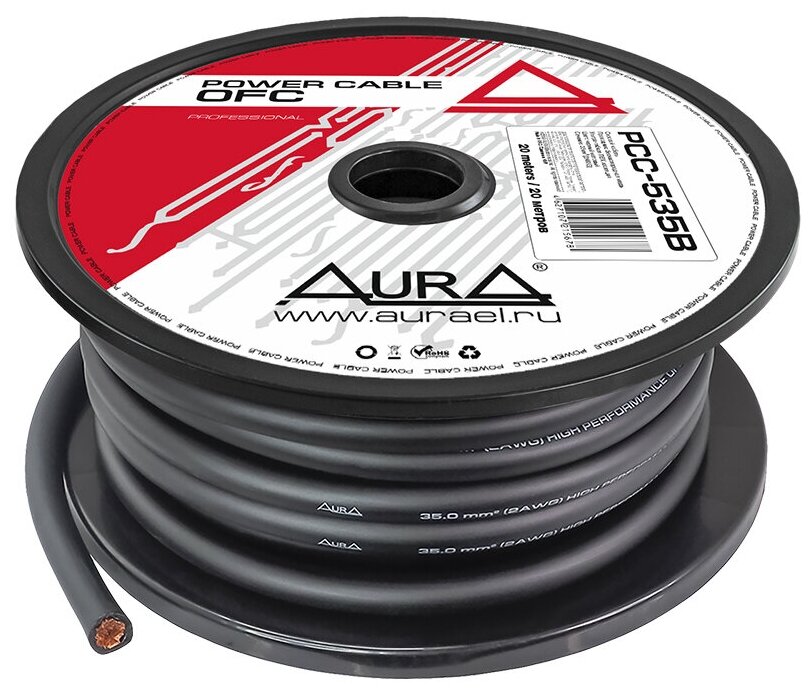 Кабель силовой AurA PCC-535B, OFC, 2AWG/35мм2, 20м/катушка, черный - фотография № 1