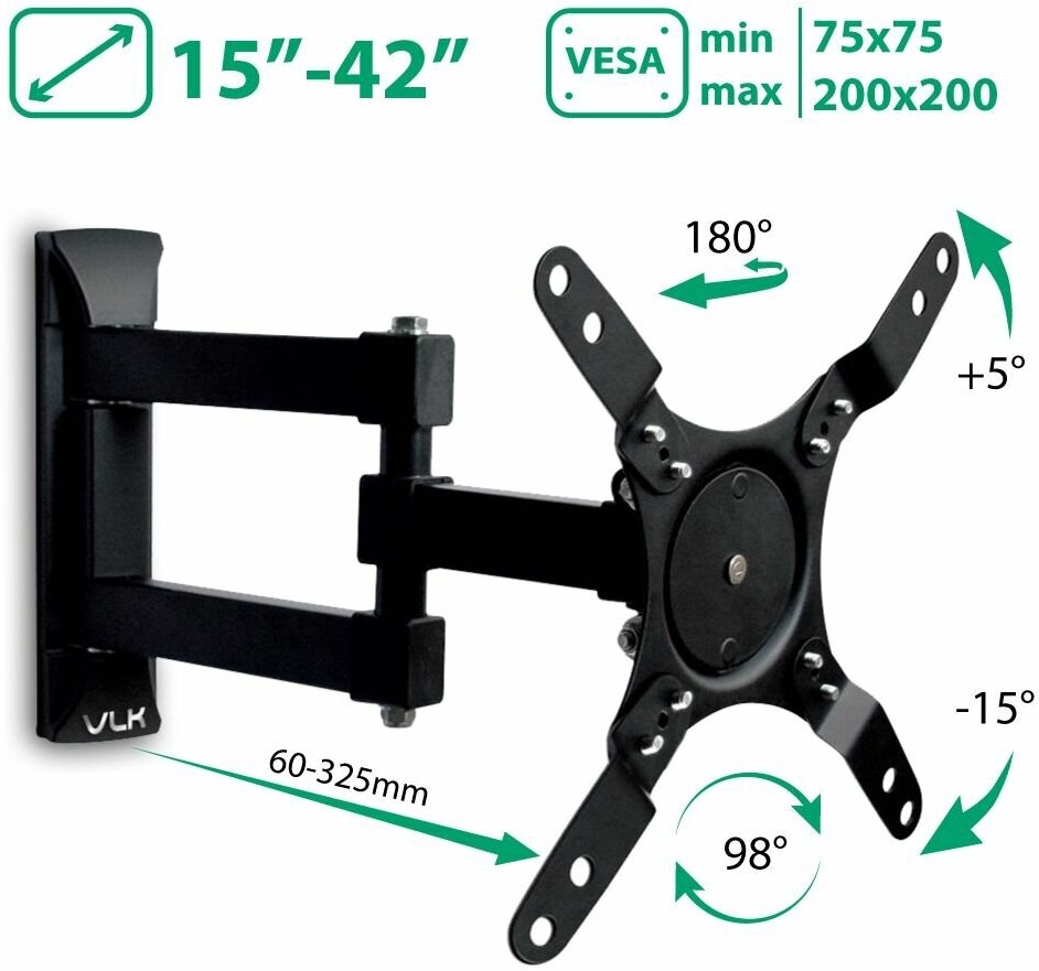 Кронштейны для техники VLK Кронштейн настенный VLK TRENTO-105 15-42" (наклон +5°/-15°, поворот 180°, до 15 кг, черный)