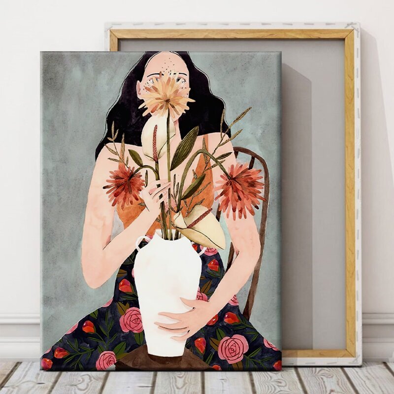 Картина на холсте 50х70 см "Бруно Манкузо девушка с цветами, репродукция", Большая картина для интерьера на стену, на подрамнике