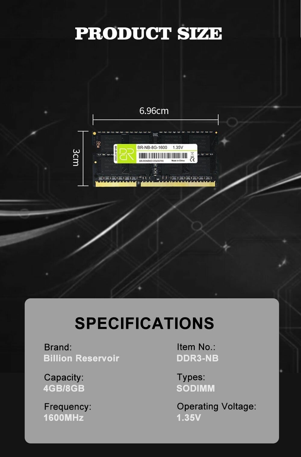 Память для ноутбука 8 ГБ DDR3L SoDIMM 1600МГц BillionReservoir (BR-NB-8G-1600) 16 чипов