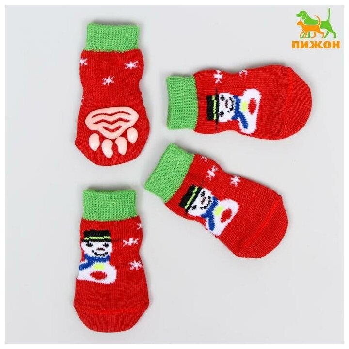 Носки нескользящие "Снеговики", M (3/4 * 7 см), набор 4 шт, красные