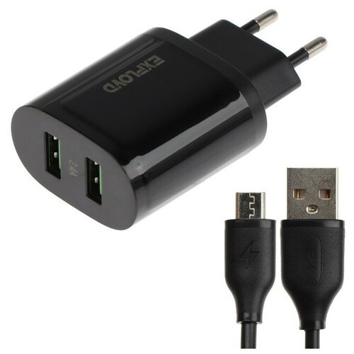 Сетевое зарядное устройство Exployd EX-Z-1432, 2 USB, 2.4 А, кабель microUSB, черное 9514923 сетевое зарядное устройство exployd ex z 1432 2 usb 2 4 а кабель microusb черное 9514923