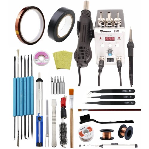 Паяльная станция термофен фен 8586 220В с феном 700Вт и паяльником 60Вт с регулировкой инструментами сменными насадками для SMD компонентов У 667700₽