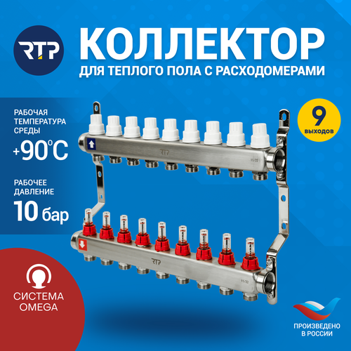 Коллекторная группа с расходомером и кронштейном (евроконус 3/4) нержавеющая сталь SUS 304 1х 9 выходов, RTP