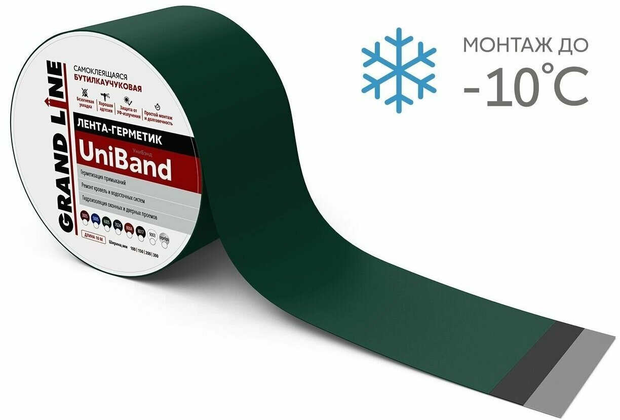 Герметизирующая лента Grand Line UniBand самоклеящаяся RAL 6005 зеленая 3м*10см - фотография № 1