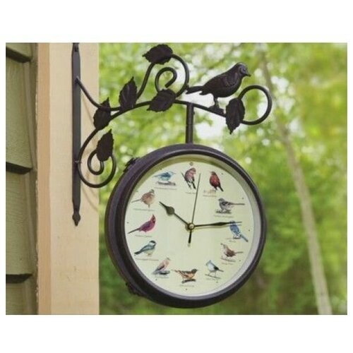 фото Садовые часы двухсторонние на кронштейне с термометром, с пением птиц диаметр 25 см диорит xxi