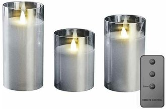 Подарочный набор из 3-х светодиодных восковых LED свечей в стекле ФАZА (10 см + 12.5 см + 15 см) с пультом ДУ CL7-SET3-sr (компл. 3-х свечей, серебро)