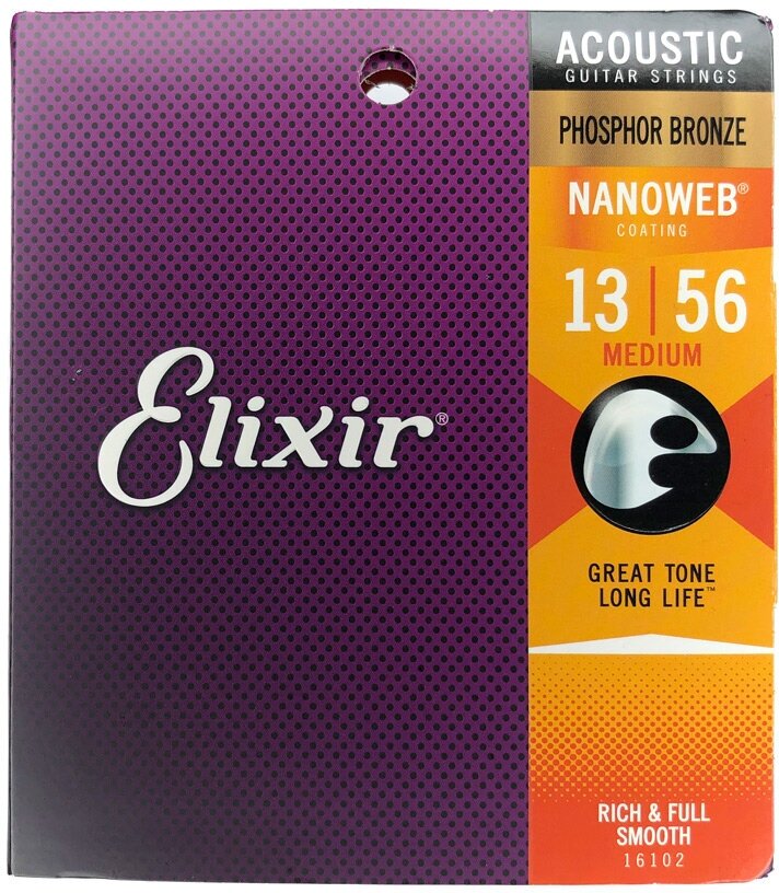 Струны для акустической гитары Elixir 16102 Medium Nanoweb Phosphor Bronze 13-56