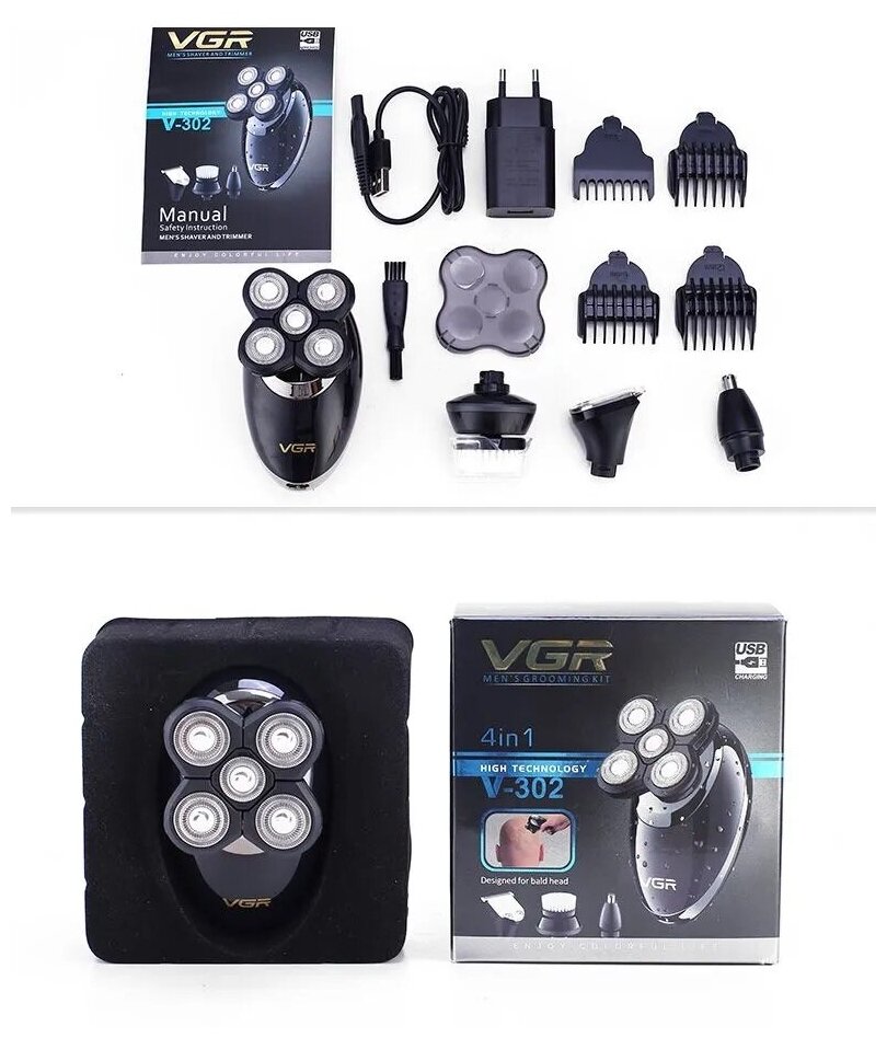 Электробритва VGR для головы V-302 CLEAN SHAVE VGR/ Шейвер мужской /5 бритвенных головок - фотография № 7