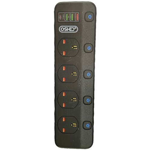 Сетевой фильтр Rapture OSHID VT-04, 4 евро-розетки, 3 USB + 1 Type-C, 4.2A(38W), отдельные выключатели, 1.8M, QC, AUTO ID, черный