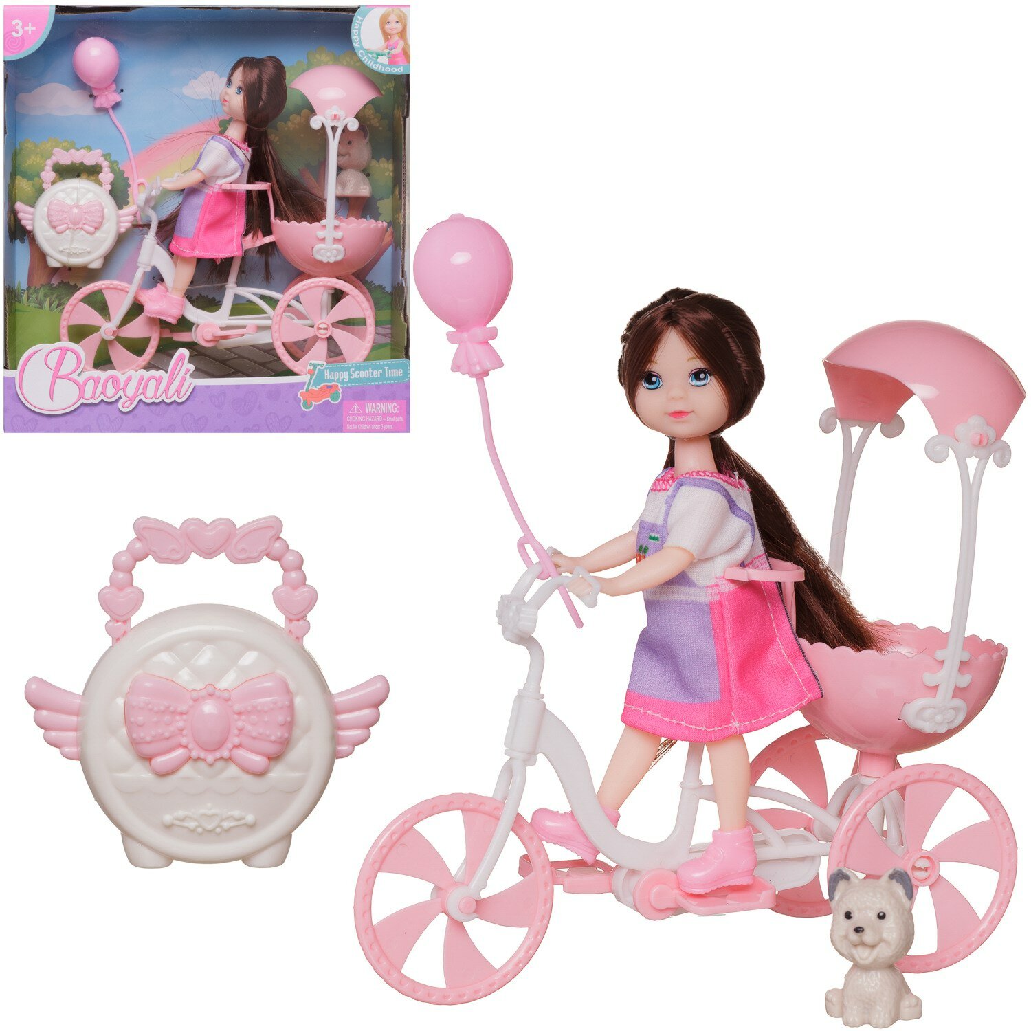 Игровой набор Junfa Кукла 13 см на бело-розовом велосипеде с питомцем и игровыми предметами WJ-34687/бело-розовый