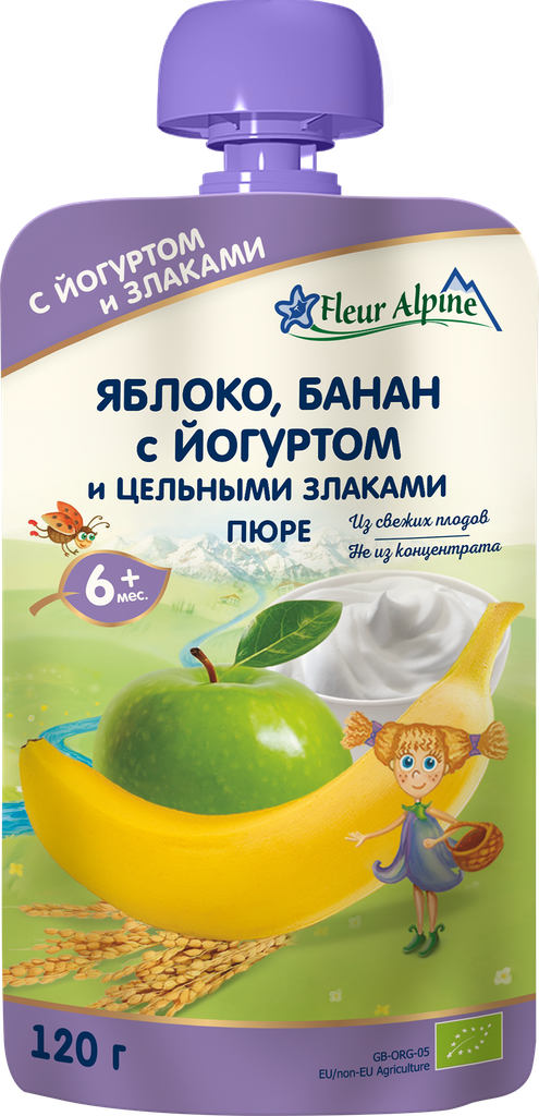 Пюре фруктовое FLEUR ALPINE Яблоко и банан, с йогуртом, с 6 месяцев, 120г